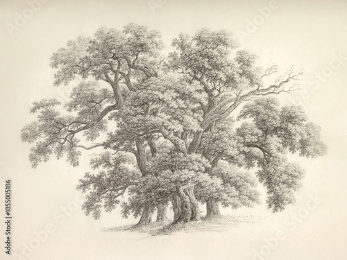 Vintage Oak Tree Landscape Print