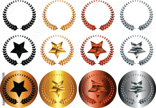 Vector art of set of twelve laurel wreaths and award medals with stars in black, gold, bronze, and silver colors, vector icons for achievement and victory