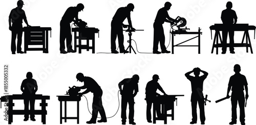 Woodworking and carpenter silhouettes set showing craftsmen using power tools workbench saw machines workshop construction industry illustration