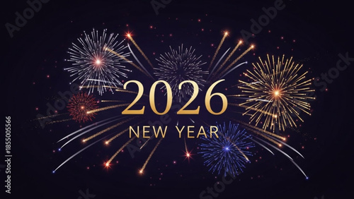 Vibrant fireworks display celebrating 2026 new year with gold text on dark background