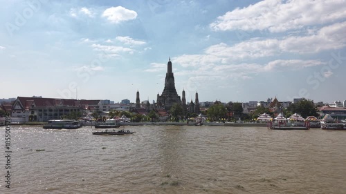 Bangkok, Thailand, 21st December 2025: Aerial shot of Chao Phraya River and Wat Arun temple