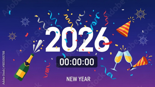 Vibrant 2026 new year celebration with champagne, confetti and party hats on purple background, countdown timer at midnight