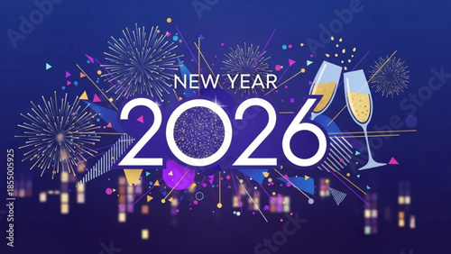 New year 2026 celebration with fireworks and champagne glasses on dark blue background with colorful confetti and city lights