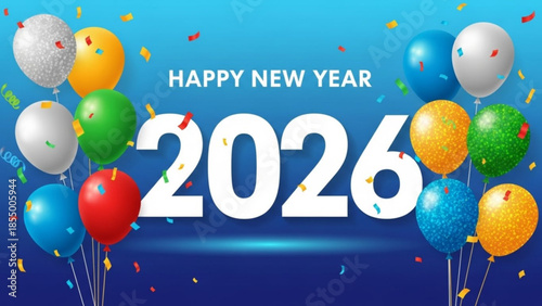 Happy new year 2026 celebration with colorful balloons and confetti on blue background