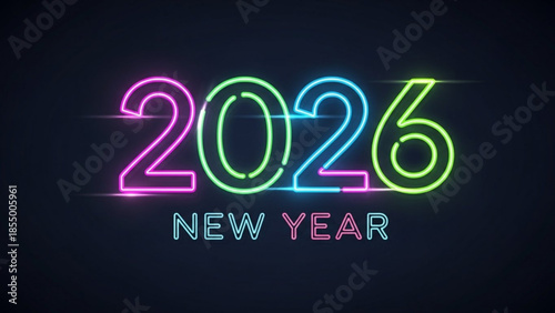 Neon sign with 2026 new year message in pink green and blue colors on dark background for celebration