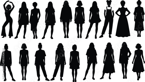 Collection of diverse female silhouettes standing in different poses, showcasing fashion styles, body shapes, and confident attitudes on a neutral background illustration.