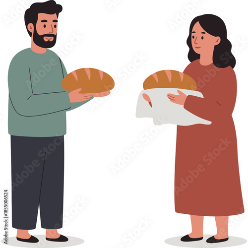 Illustration of a Man and Woman Happily Exchanging Freshly Baked Bread, Symbolizing Sharing, Community, and Generosity