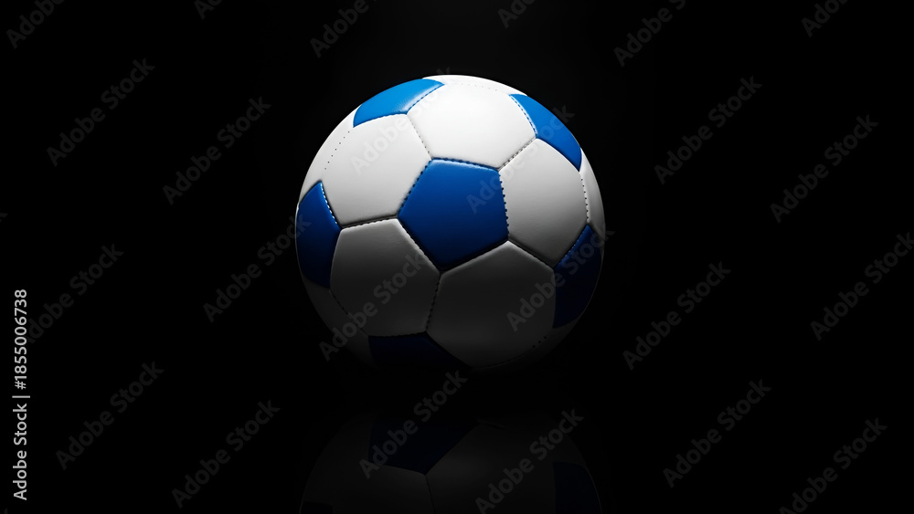 Naklejka premium Classic soccer ball with blue and white panels on black background sport game