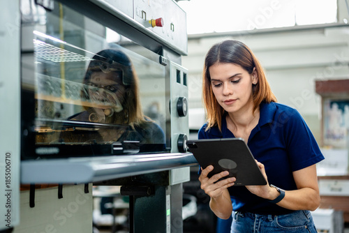 Female worker inspecting machinery in printing factory, using digital tablet for monitoring production and quality control. Concept of manufacturing process, technology, industrial, and efficiency.
