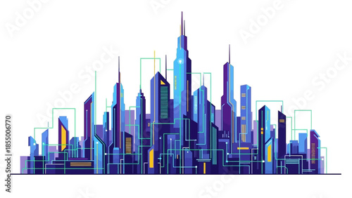 A vibrant futuristic cityscape with towering skyscrapers and interconnected digital lines, representing a modern metropolis.