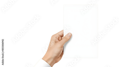 Male Hand Holding Blank White Vertical Paper Sheet Mockup isolated on Transparent Background
