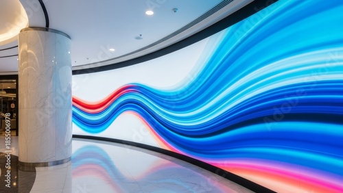 Modern curved LED wall display with flowing blue waves and red accents in contemporary commercial building lobby interior
