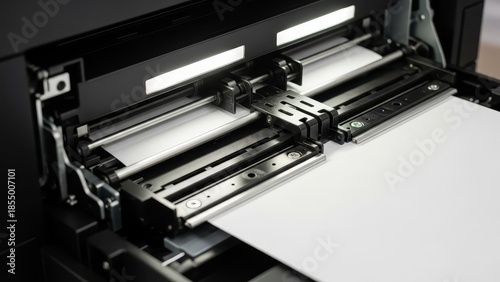 Open inkjet printer interior showing paper feed mechanism rollers cartridge system and white paper sheet being processed through machine