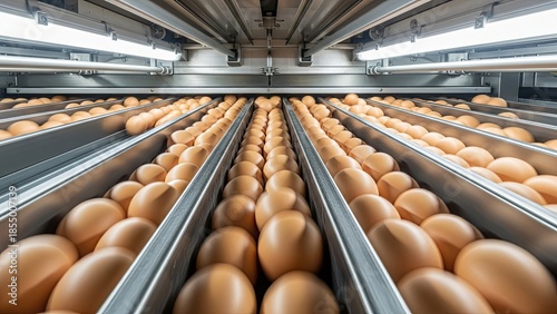 Industrial egg production facility conveyor belt system transporting thousands of brown eggs in commercial poultry processing plant
