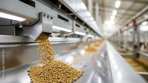 Industrial soybean processing machine dispensing golden soybeans onto stainless steel conveyor belt in modern food manufacturing facility