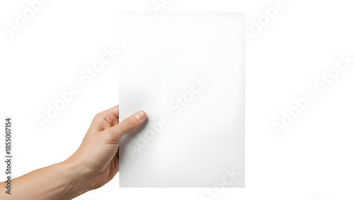Human hand holding blank white paper sheet isolated for design isolated on Transparent Background