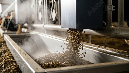 Industrial feed pellets pouring from metal chute into stainless steel container at livestock farm facility