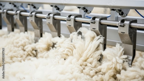 Industrial textile machinery spinning white natural wool fibers in automated manufacturing production line factory equipment