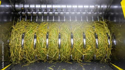 Industrial straw processing machinery with rotating cylinder blades chopping yellow dried grass material in agricultural equipment factory