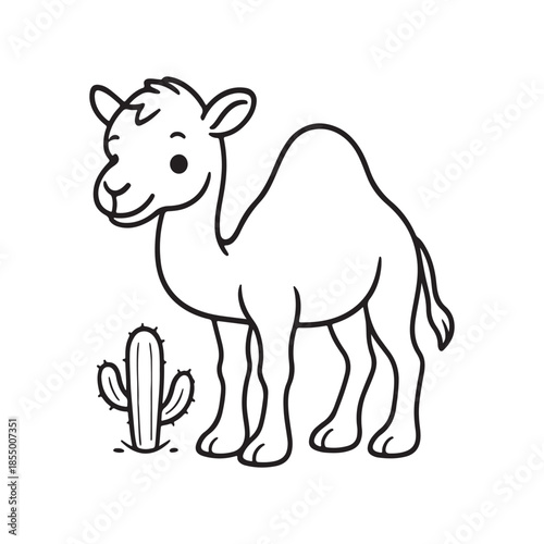Line Drawing of Cartoon Camel with Cactus in Desert Scene on White Background
