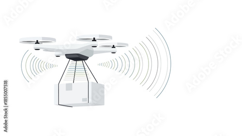 A white drone is delivering a package, indicated by radiating waves.