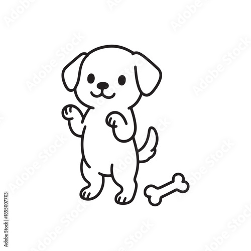 Line Drawing of Cartoon Dog Standing on Hind Legs Beside Bone on White Background