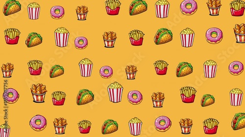 Snacks like donuts, tacos, popcorn, and fries on a fun yellow background perfect for foodthemed designs or social media posts.