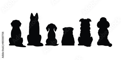 6 back view dog sitting silhouette vector flat illustration design.