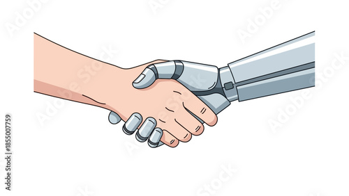 A human hand and a robotic hand shaking in a gesture of partnership and collaboration.