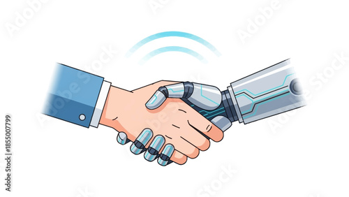 Illustration of a human hand shaking hands with a robotic hand, symbolizing cooperation and the integration of artificial intelligence into society.