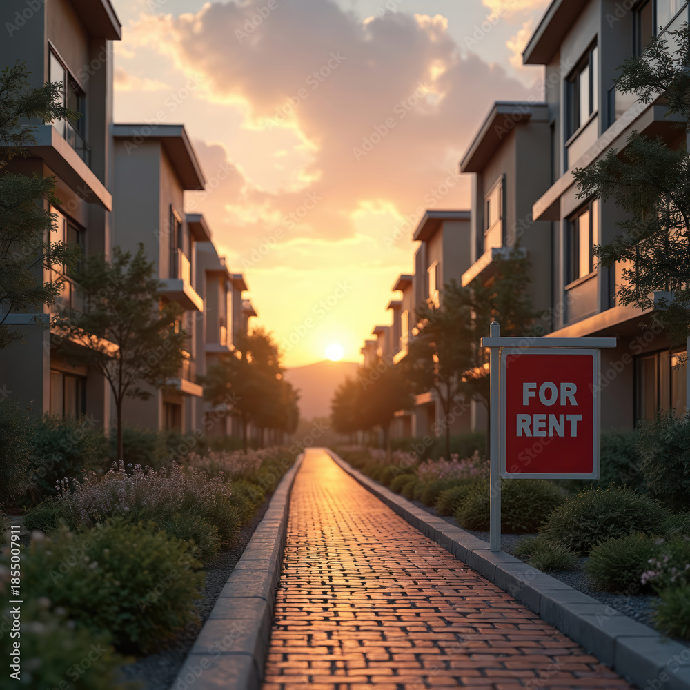 Obraz premium Modern row houses line a brick path at sunset. A red FOR RENT sign stands by rich green bushes. New homes await renters in a suburban setting, offering serene living spaces.