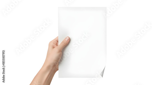 Hand Holding Blank White Vertical Paper Sheet Mockup with Curled Corner isolated on Transparent Background