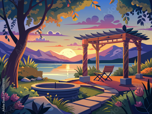 Calm sunsets over the calm lake, viewed from a garden with a stone patio, a wooden arbor covered with vines, and comfortable chairs. Beautiful resort with a view of the lake.