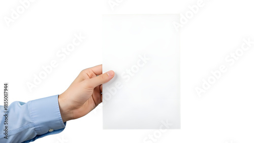 Man's hand holding a blank white paper sheet with copy space isolated on Transparent Background