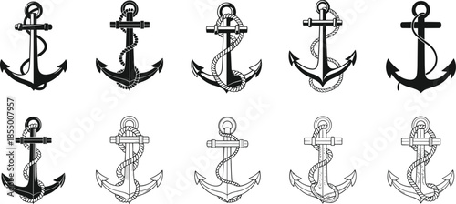 Anchor silhouette collection set with various nautical symbols including rope wrapped ship anchors isolated vector icons for marine sea design