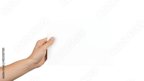 Human hand holding blank white paper with ample copy space isolated on Transparent Background