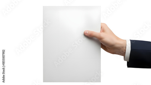 Male Hand in Business Suit Holding Blank White Paper Mockup isolated on Transparent Background