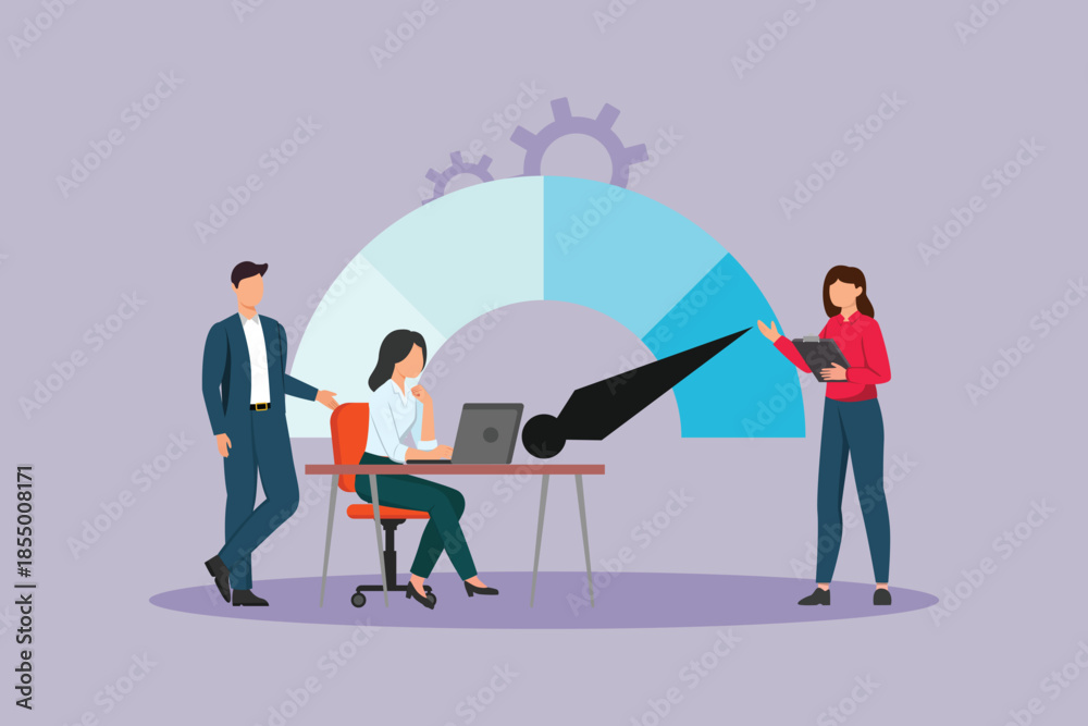 Fototapeta premium Benchmarking data appears in front of the person who is analyzing it. Benchmarking Concept. Colored flat vector illustration isolated