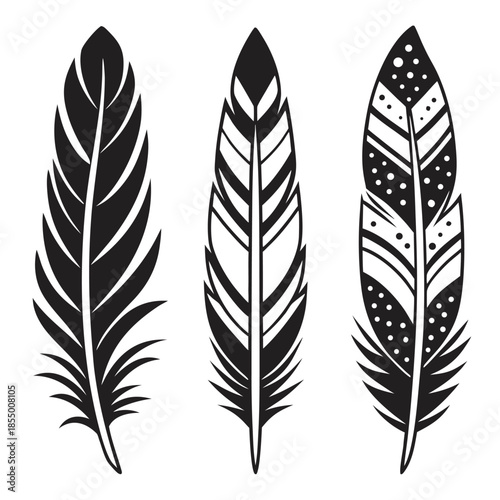 Three black and white stylized feathers with patterns