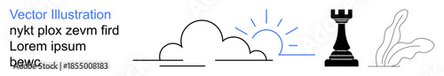 Abstract design, creativity concepts, chess strategy, minimalism, art decor, nature. Simple line art including clouds, a sun a chess rook and a plant. Creativity and chess strategy concept