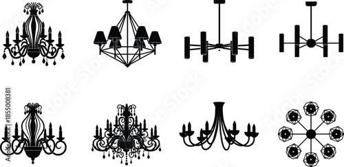 Chandelier silhouette collection set with various lighting fixture designs including vintage ornate and modern ceiling lamps isolated vector icons for interior