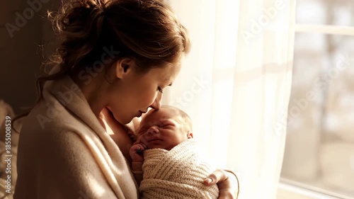 Parenting & Baby Care — Mother gently holding newborn near window light, soft focus, nurturing family moment