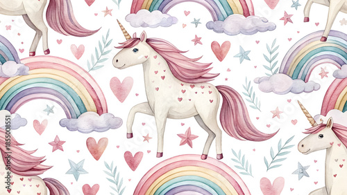 Watercolor seamless pattern, watercolor unicorns with hearts, white background
