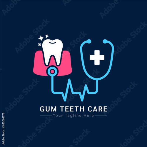 Medical dentist health care logo design modern simple shape. White cross or plus sign in blue stethoscope and human gum teeth on a dark background. Vector illustration.