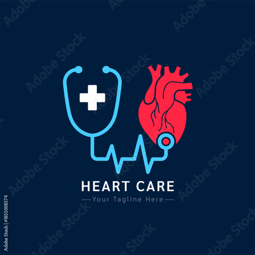 Medical health care logo design modern simple shape. White cross or plus sign in blue stethoscope and red human heart on a dark background. Vector illustration.