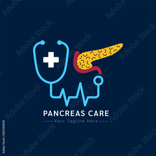 Medical health care logo design modern simple shape. White cross or plus sign in blue stethoscope and yellow human pancreas on a dark background. Vector illustration.