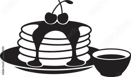 A delightful black and white illustration of a pancake stack with cherries