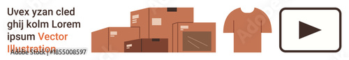 Online shopping, retail logistics, digital marketing, packaging, fashion, video content. Cardboard boxes, t-shirt and play button icon. E-commerce and retail logistics concept