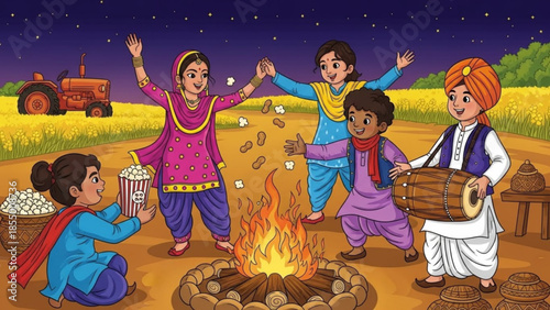 Group of people celebrating lohri festival with bonfire and popcorn in rural setting at night