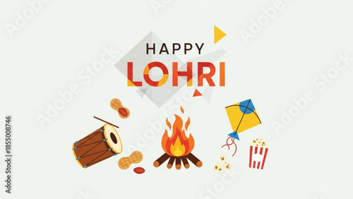 Happy lohri festival illustration with bonfire, drum, kite, and traditional snacks on white